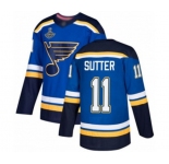 Men's St. Louis Blues #11 Brian Sutter Authentic Royal Blue Home 2019 Stanley Cup Champions Hockey Jersey