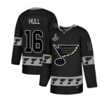 Men's St. Louis Blues #16 Brett Hull Authentic Black Team Logo Fashion 2019 Stanley Cup Champions Hockey Jersey