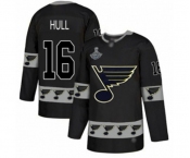Men's St. Louis Blues #16 Brett Hull Authentic Black Team Logo Fashion 2019 Stanley Cup Champions Hockey Jersey