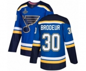Men's St. Louis Blues #30 Martin Brodeur Authentic Royal Blue Home 2019 Stanley Cup Champions Hockey Jersey