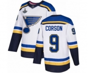 Men's St. Louis Blues #9 Shayne Corson Authentic White Away 2019 Stanley Cup Champions Hockey Jersey