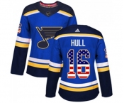 Women Adidas St. Louis Blues #16 Brett Hull Authentic Blue USA Flag Fashion NHL Jersey