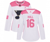 Women Adidas St. Louis Blues #16 Brett Hull Authentic White Pink Fashion NHL Jersey