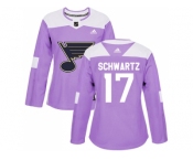 Women Adidas St. Louis Blues #17 Jaden Schwartz Purple Authentic Fights Cancer Stitched NHL Jersey