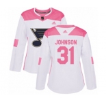 Women Adidas St. Louis Blues #31 Chad Johnson Authentic White Pink Fashion NHL Jersey