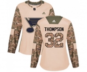 Women Adidas St. Louis Blues #32 Tage Thompson Authentic Camo Veterans Day Practice NHL Jersey
