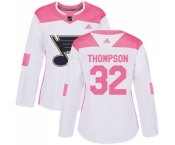 Women Adidas St. Louis Blues #32 Tage Thompson Authentic White Pink Fashion NHL Jersey