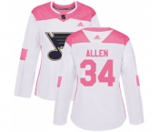 Women Adidas St. Louis Blues #34 Jake Allen Authentic White Pink Fashion NHL Jersey