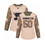 Women St. Louis Blues #50 Jordan Binnington Authentic Camo Veterans Day Practice Hockey Jersey