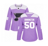 Women St. Louis Blues #50 Jordan Binnington Authentic Purple Fights Cancer Practice Hockey Jersey