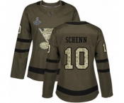 Women's St. Louis Blues #10 Brayden Schenn Authentic Green Salute to Service 2019 Stanley Cup Champions Hockey Jersey