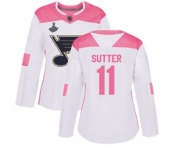 Women's St. Louis Blues #11 Brian Sutter Authentic White Pink Fashion 2019 Stanley Cup Champions Hockey Jersey