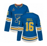 Women's St. Louis Blues #16 Brett Hull Authentic Navy Blue Alternate 2019 Stanley Cup Champions Hockey Jersey