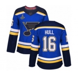 Women's St. Louis Blues #16 Brett Hull Authentic Royal Blue Home 2019 Stanley Cup Champions Hockey Jersey