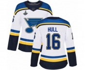 Women's St. Louis Blues #16 Brett Hull Authentic White Away 2019 Stanley Cup Champions Hockey Jersey