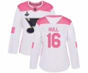 Women's St. Louis Blues #16 Brett Hull Authentic White Pink Fashion 2019 Stanley Cup Champions Hockey Jersey