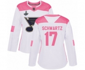 Women's St. Louis Blues #17 Jaden Schwartz Authentic White Pink Fashion 2019 Stanley Cup Champions Hockey Jersey