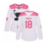Women's St. Louis Blues #18 Tony Twist Authentic White Pink Fashion 2019 Stanley Cup Champions Hockey Jersey