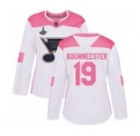 Women's St. Louis Blues #19 Jay Bouwmeester Authentic White Pink Fashion 2019 Stanley Cup Champions Hockey Jersey