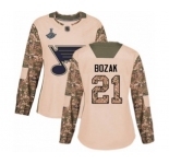 Women's St. Louis Blues #21 Tyler Bozak Authentic Camo Veterans Day Practice 2019 Stanley Cup Champions Hockey Jersey
