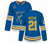 Women's St. Louis Blues #21 Tyler Bozak Authentic Navy Blue Alternate 2019 Stanley Cup Champions Hockey Jersey