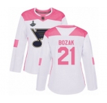 Women's St. Louis Blues #21 Tyler Bozak Authentic White Pink Fashion 2019 Stanley Cup Champions Hockey Jersey