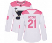Women's St. Louis Blues #21 Tyler Bozak Authentic White Pink Fashion 2019 Stanley Cup Champions Hockey Jersey
