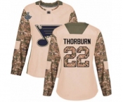 Women's St. Louis Blues #22 Chris Thorburn Authentic Camo Veterans Day Practice 2019 Stanley Cup Champions Hockey Jersey