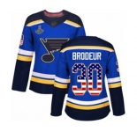 Women's St. Louis Blues #30 Martin Brodeur Authentic Blue USA Flag Fashion 2019 Stanley Cup Champions Hockey Jersey