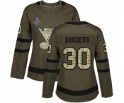 Women's St. Louis Blues #30 Martin Brodeur Authentic Green Salute to Service 2019 Stanley Cup Champions Hockey Jersey