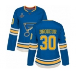 Women's St. Louis Blues #30 Martin Brodeur Authentic Navy Blue Alternate 2019 Stanley Cup Champions Hockey Jersey
