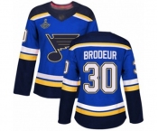 Women's St. Louis Blues #30 Martin Brodeur Authentic Royal Blue Home 2019 Stanley Cup Champions Hockey Jersey
