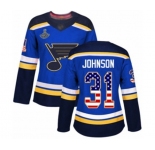 Women's St. Louis Blues #31 Chad Johnson Authentic Blue USA Flag Fashion 2019 Stanley Cup Champions Hockey Jersey