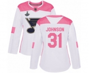 Women's St. Louis Blues #31 Chad Johnson Authentic White Pink Fashion 2019 Stanley Cup Champions Hockey Jersey
