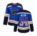 Women's St. Louis Blues #34 Jake Allen Authentic Blue USA Flag Fashion 2019 Stanley Cup Champions Hockey Jersey