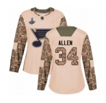 Women's St. Louis Blues #34 Jake Allen Authentic Camo Veterans Day Practice 2019 Stanley Cup Champions Hockey Jersey