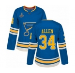 Women's St. Louis Blues #34 Jake Allen Authentic Navy Blue Alternate 2019 Stanley Cup Champions Hockey Jersey