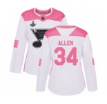 Women's St. Louis Blues #34 Jake Allen Authentic White Pink Fashion 2019 Stanley Cup Champions Hockey Jersey