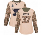Women's St. Louis Blues #37 Klim Kostin Authentic Camo Veterans Day Practice 2019 Stanley Cup Champions Hockey Jersey