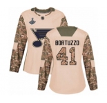 Women's St. Louis Blues #41 Robert Bortuzzo Authentic Camo Veterans Day Practice 2019 Stanley Cup Champions Hockey Jersey