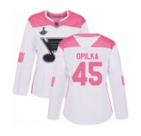Women's St. Louis Blues #45 Luke Opilka Authentic White Pink Fashion 2019 Stanley Cup Champions Hockey Jersey