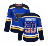 Women's St. Louis Blues #50 Jordan Binnington Authentic Blue USA Flag Fashion 2019 Stanley Cup Champions Hockey Jersey