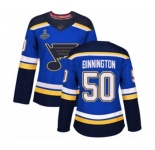 Women's St. Louis Blues #50 Jordan Binnington Authentic Royal Blue Home 2019 Stanley Cup Champions Hockey Jersey