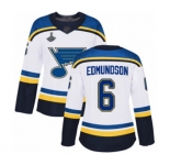 Women's St. Louis Blues #6 Joel Edmundson Authentic White Away 2019 Stanley Cup Champions Hockey Jersey