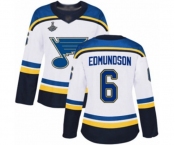 Women's St. Louis Blues #6 Joel Edmundson Authentic White Away 2019 Stanley Cup Champions Hockey Jersey