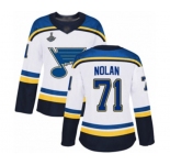 Women's St. Louis Blues #71 Jordan Nolan Authentic White Away 2019 Stanley Cup Champions Hockey Jersey