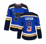 Women's St. Louis Blues #9 Shayne Corson Authentic Blue USA Flag Fashion 2019 Stanley Cup Champions Hockey Jersey