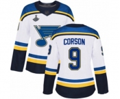Women's St. Louis Blues #9 Shayne Corson Authentic White Away 2019 Stanley Cup Champions Hockey Jersey