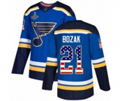 Youth St. Louis Blues #21 Tyler Bozak Authentic Blue USA Flag Fashion 2019 Stanley Cup Champions Hockey Jersey