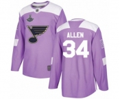 Youth St. Louis Blues #34 Jake Allen Authentic Purple Fights Cancer Practice 2019 Stanley Cup Champions Hockey Jersey